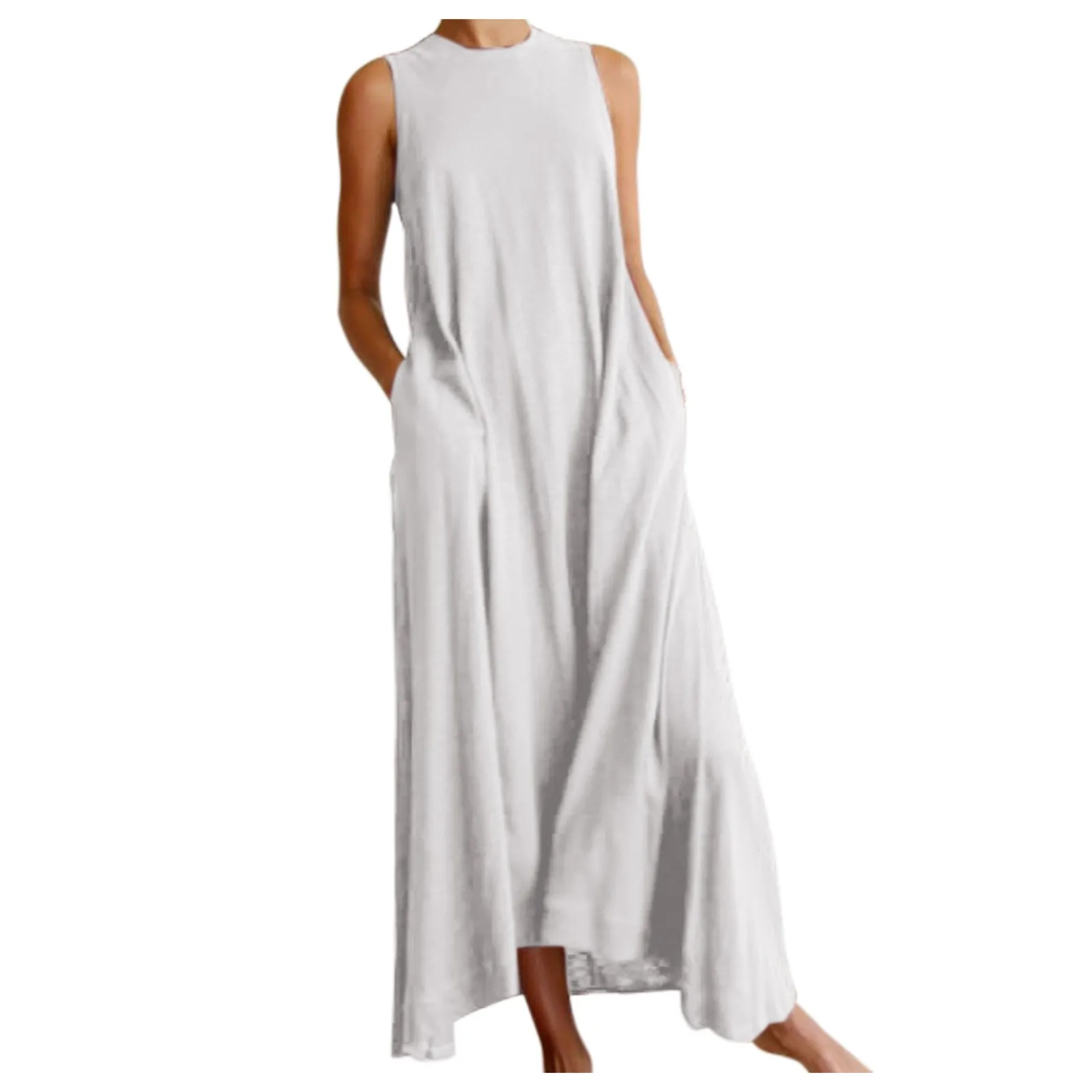

40# Casual Solid Long Dress Women Sleeveless O Neck Maxi Dress Pocket Long Dressvintage Loose Dresses For Womenrobe Femme
