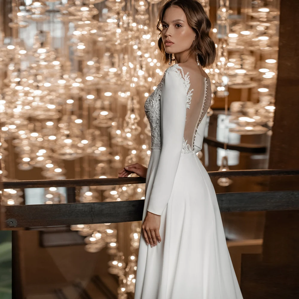 

Modest Long Sleeves Wedding Dresses See Through Back A-line Bridal Gown Arabic Bride Dress abito da sposa