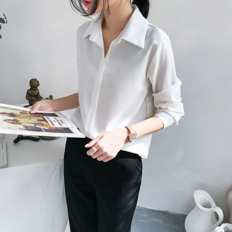 

Autumn Korea Fashion Women Long Sleeve Chiffon Shirts Office Work Ladies Tops Turn-down Collar OL White Blouse Blusas Mujer