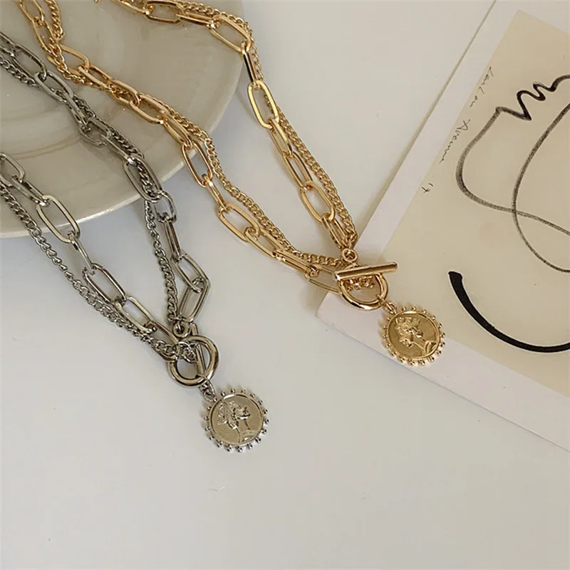 

Fashion Punk Girls Coin Heart Link Chain Necklace for Women Layer Butterfly Pendant Clavicle Choker Metal Trendy Jewelry Gifts