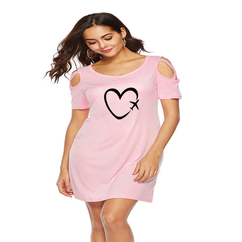 

Travel Plane Heart Love Summer Women Dresses Cotton Short Sleeve Dress Black Graphic Sexy Off The Shoulder Female Vintage Tops