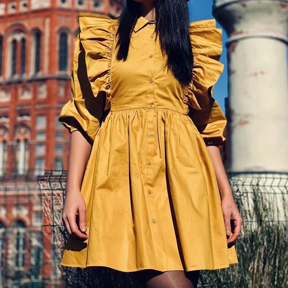 

Za 2021 women Party Lace Ruffles Single breasted lapel Dress puff sleeve Mini Dresses Slim Palace Style princess A-Line Vestidos