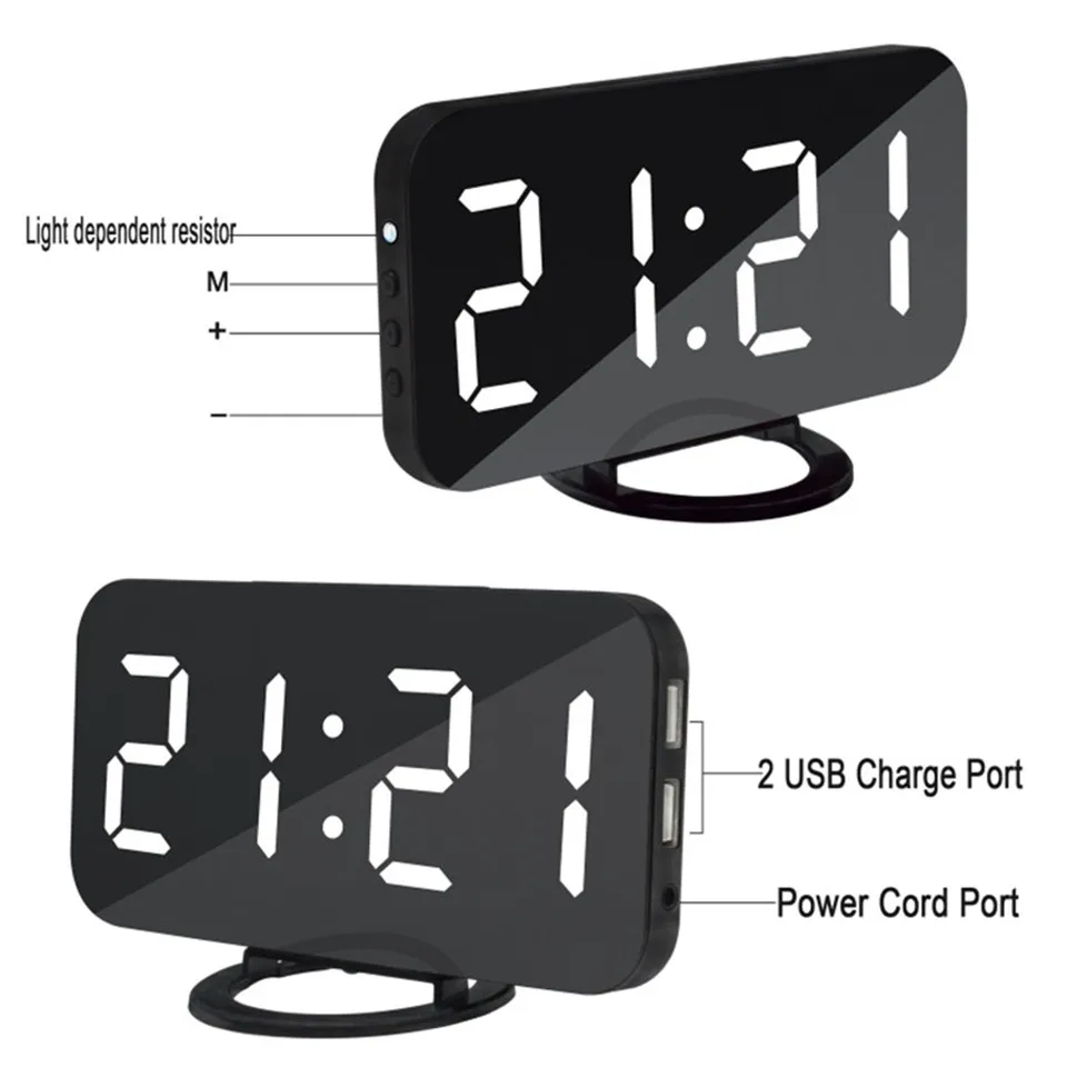 Multifunction Art Digital Display Wall Clock with Two Phone USB Charge Port Simple Modern Mirrored Electronic Snooze Alarm | Дом и сад