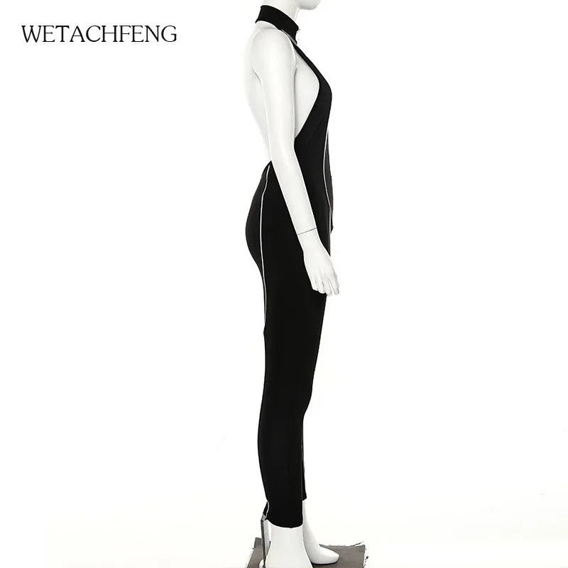 

2020 Fashion Black Sexy Backless Striped Reflective Stitching Jumpsuit Autumn New Women's Romper Skinny Bodycon Bodysuit Clothes
