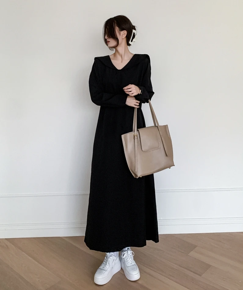 

SuperAen Новое модное однотонное женское платье до щиколотки с матросским воротником, свободное тонкое ТРАПЕЦИЕВИДНОЕ ПЛАТЬЕ длиной до щиколо...