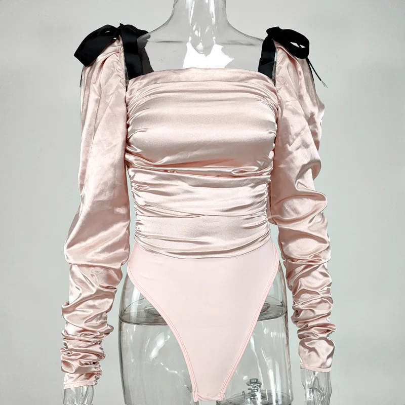 

Lady Fashion Hot Sexy Satin Silk Bandage Pleated Jumpsuit Pretty Nice Solid Square Collar Bodysuit Stylish Cute Tops for Women