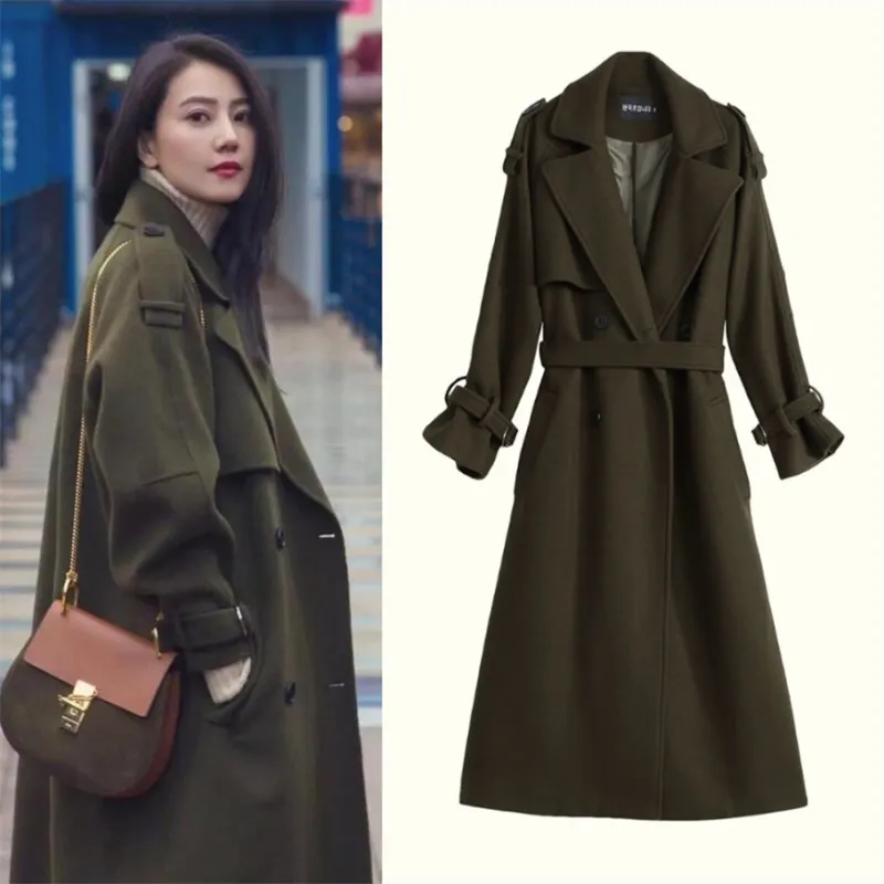 

2021 New Autumn Winter New Women's Woolen Coat Army Green Lace-up Epaulette Woolen Coat