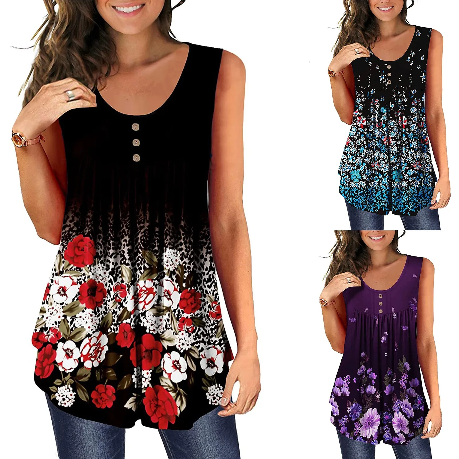 

56# Plus Size Floral Printed Tunic Shirts Fashion Round Neck Women Blouses Button Casual Summer Women's Shirt Clothing Top Mujer