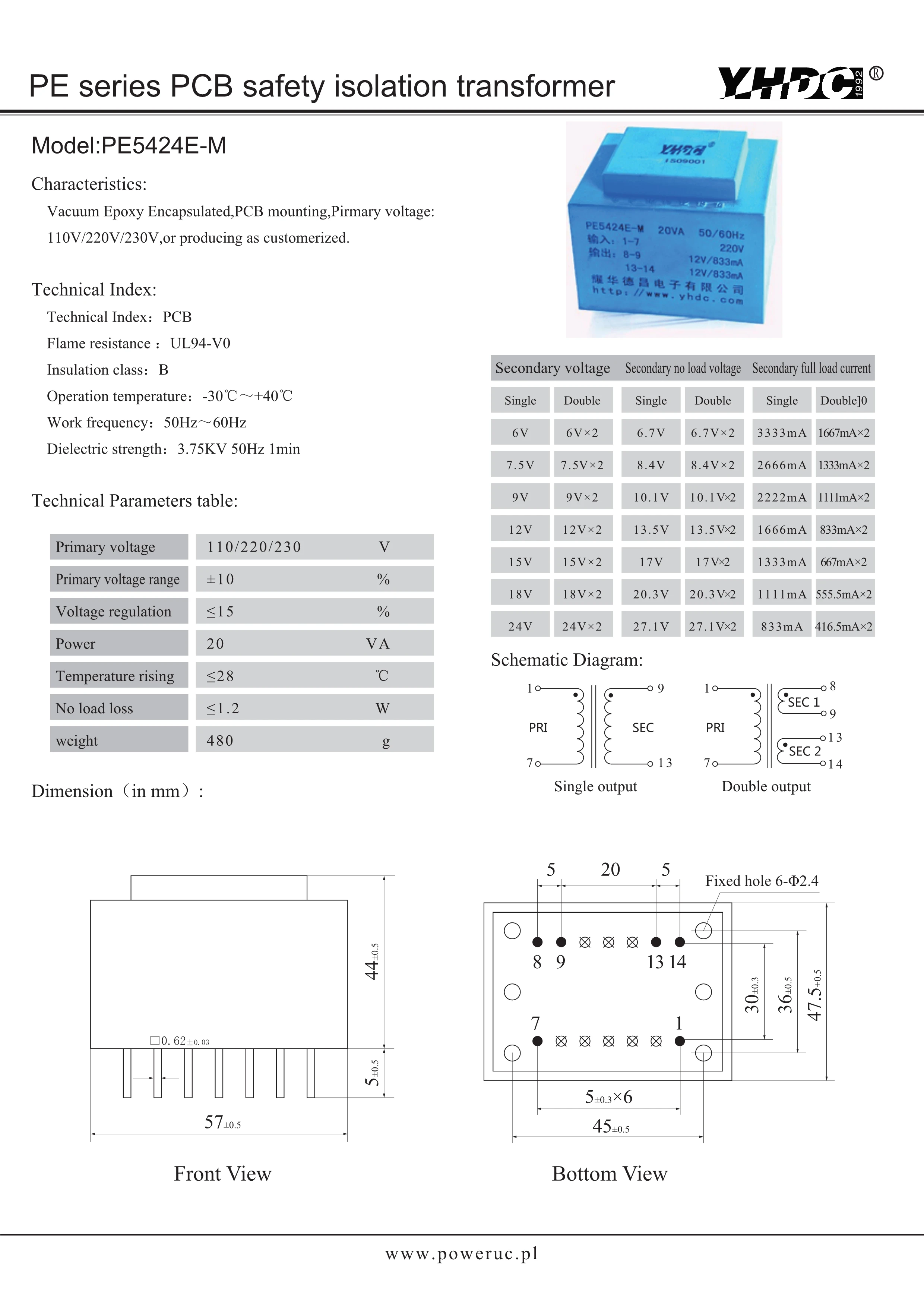 YHDC PE5424E-M мощность 20VA входное напряжение 220V Выход 2*7 5 V Инкапсулированный