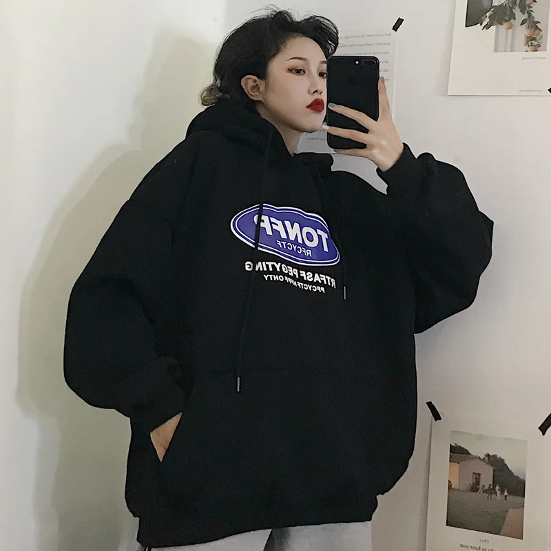 Harajuku Женская толстовка с длинным рукавом корейский стиль Ulzzang свободные флисовые толстовки с капюшоном женские повседневные Черные толстовки Топы