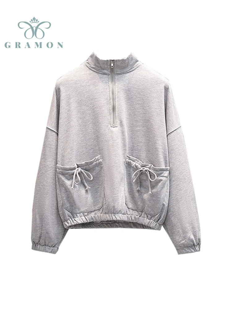 

Grey Hoodies Woman Spring Autumn Fashion Stand Collar Zipper Pullover Long Sleeve Solid Color Casual Mujer Oversize Tops Clothes
