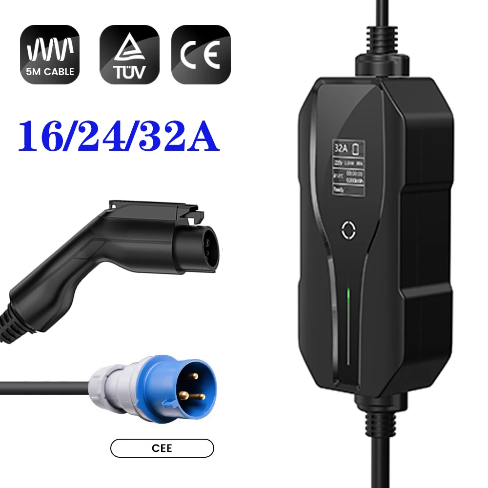 EV Charger Level 2 10A 16A 20A 24A 32A Portable Electric Vehicle Charger, CEE Plug 220V-240V Car Charging Cable, SAE J1772