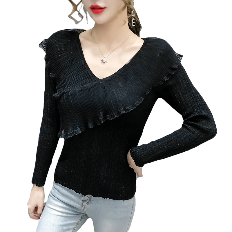 

Ladies Tops V-neck Knitted Autumn Winter Clothes Women Sweaters Mesh Ruffles Pullovers Fashion Brand Korean Clothes Female New