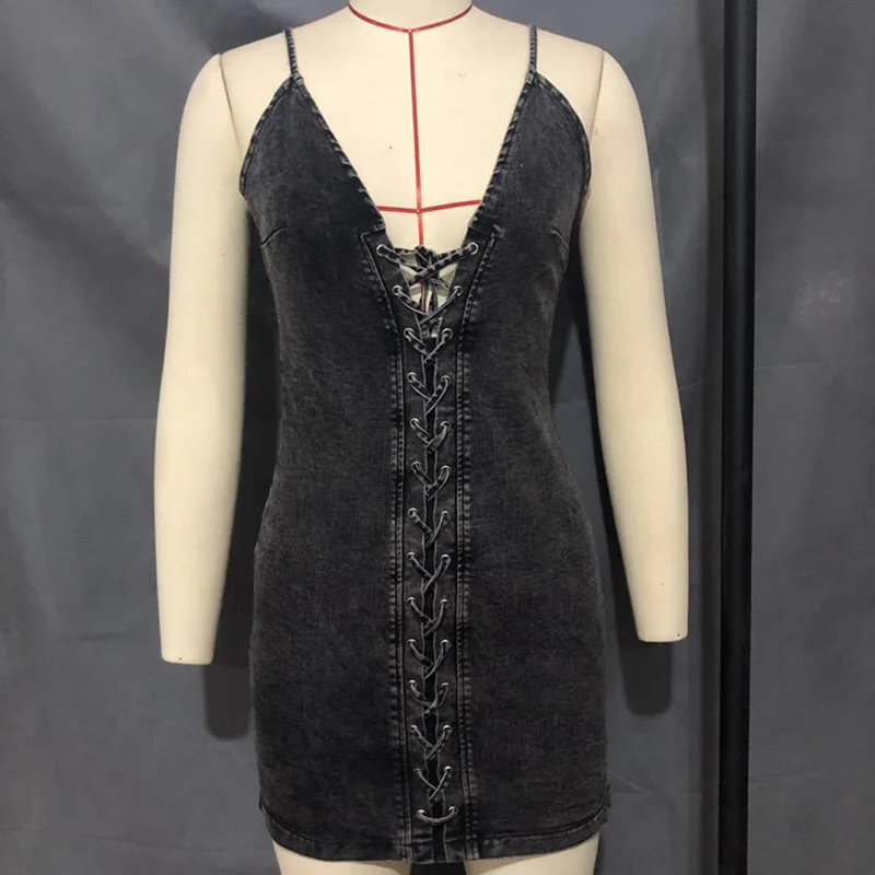 

Sexy Drawstring Denim Dress Denim for Women Sexy Streetwear Mini Dress for Summer 2020 Comfortable Breathable Dress Gray