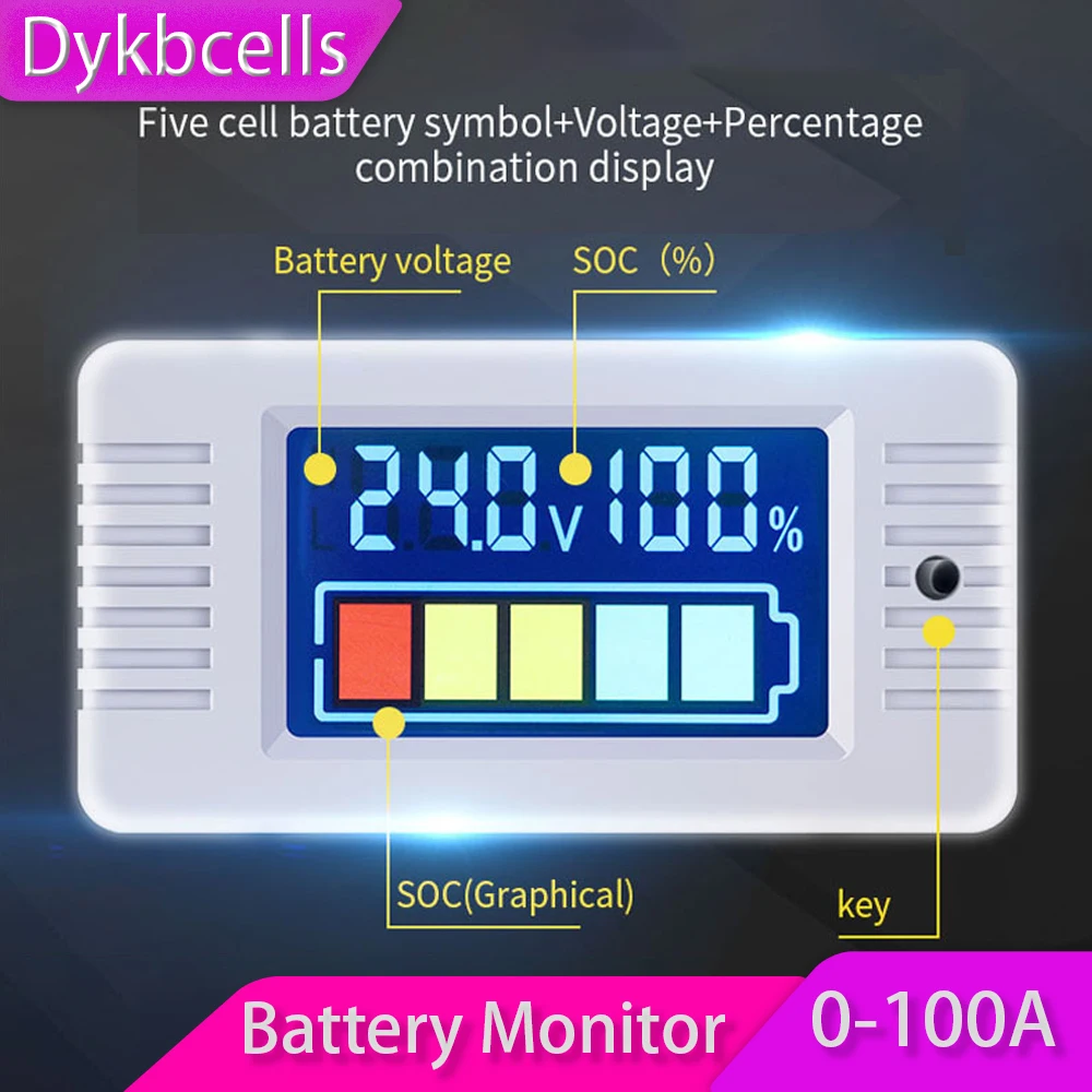 Dykbcells Battery SOC capacity Tester Volt Meter Monitor DC 0-100V 12V 24v 36 48V 60V Lead-acid Lifepo4 Li-ion 4S 7S 8S 10S BMS