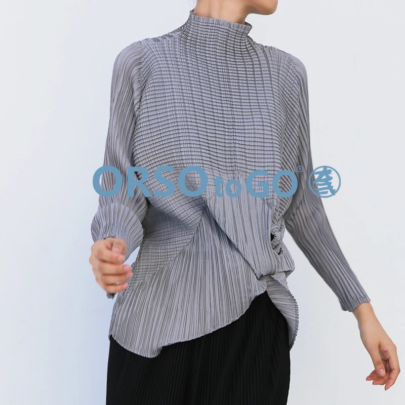 

Changpleat women's T-shirts tops Miyak fold Fashion plus size bottoming shirt long sleeve loose half high collar T-shirt Tide