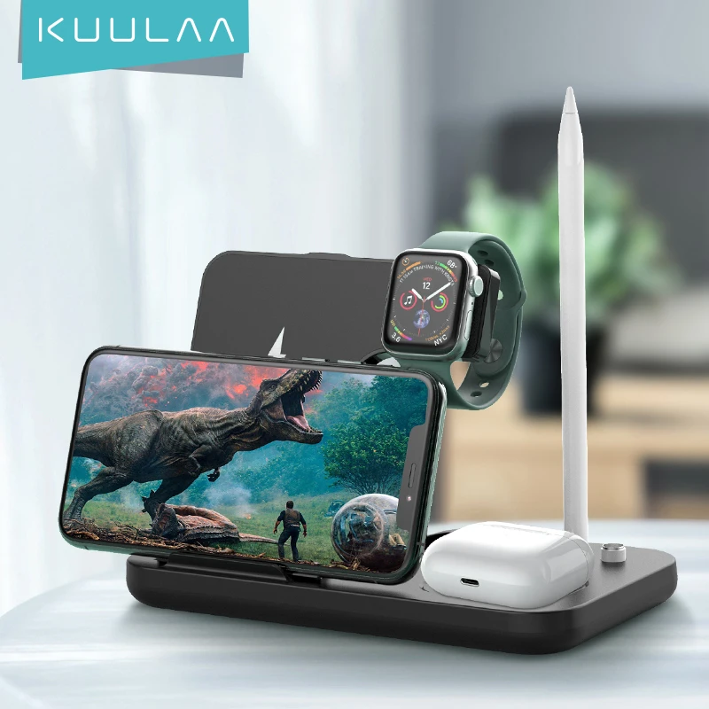 

Беспроводное зарядное устройство KUULAA 15 Вт Qi подставка для iPhone 12 для Apple Watch 4 в 1 Складная зарядная док-станция для Airpods Pro iWatch