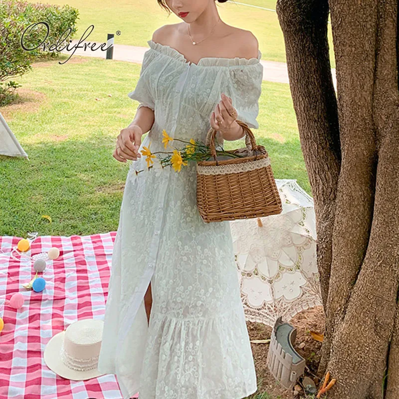 

Ordifree 2021 Summer Women Off Shoulder Maxi Dress Embroidery White Lace Long Tunic Beach Dress