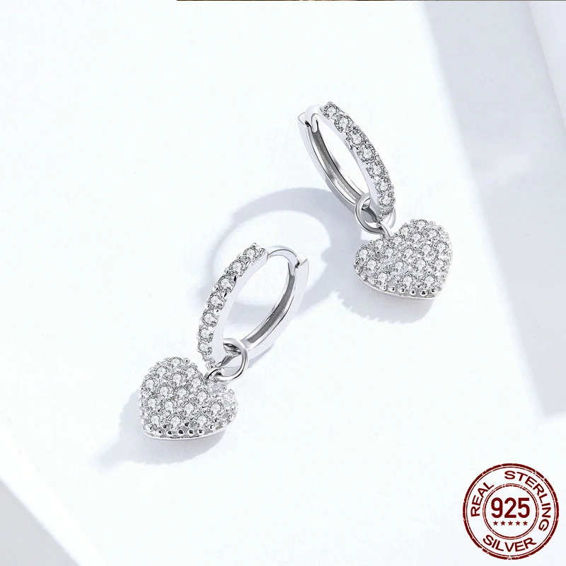 

925 Sterling Silver Heart Dangle Earrings for Women Radiant Dazzling CZ Paved Wedding Party Jewelry 2020 Brincos SCE821