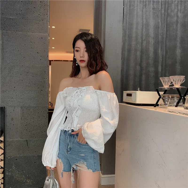 

Sexy Long Sleeve Blouse Crop Top Summer Style Fashion Brand Women Clothing Slash Neck Off Shoulder Shirts Blusas Mujer De Moda