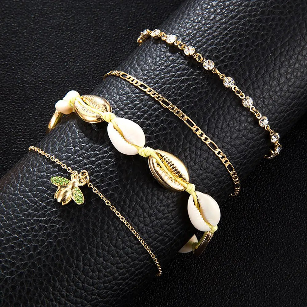 

4pcs/set Bohemia Crystal Shell Honeybee Charm Anklets for Women Girls Goth Gold Chain Anklet Foot Jewelry