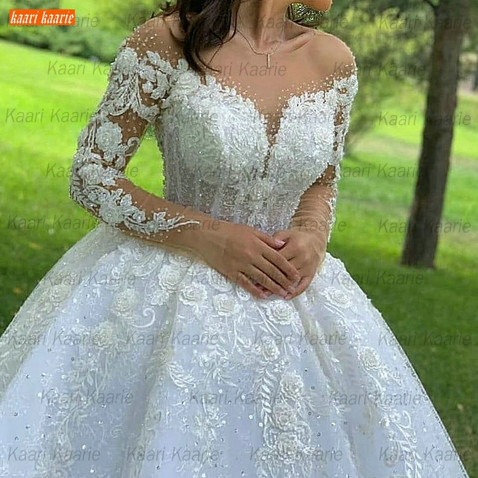 Ball Gown Wedding Dresses O Neck Long Sleeves Vestido Casamento Lace Up Appliqus Beaded Bride Gowns 2021 Suknie Slubne Princess images - 6