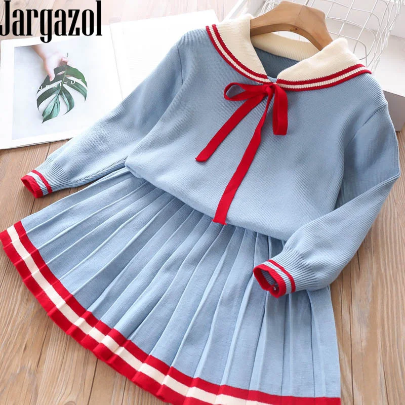 Jargazol/Осенняя школьная одежда для девочек трикотажный топ и плиссированная юбка