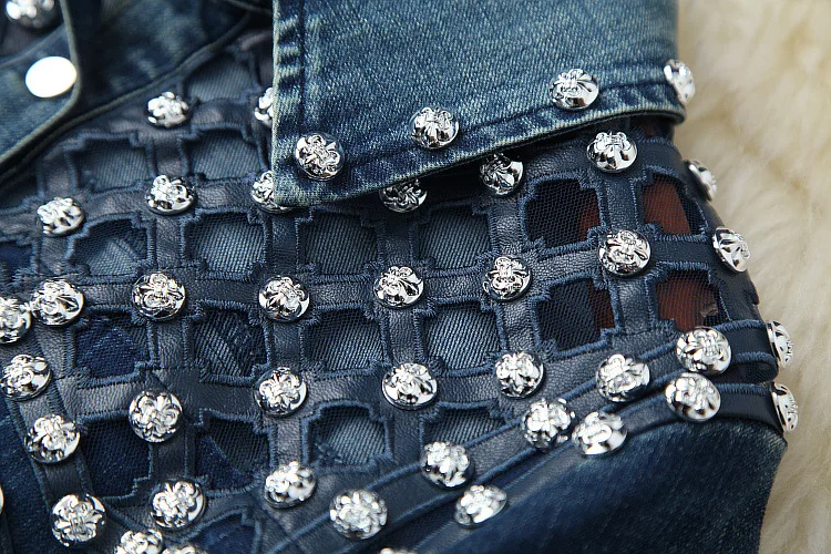 

European and American women's wear for spring 2021 Five-point sleeve lapel nail bead hollowing Fashion Denim Dress