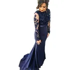 Женское вечернее платье-русалка, элегантное кружевное платье с глубоким круглым вырезом, длинными рукавами, открытой спиной и аппликацией из бисера, бальное платье для выпускного вечера, 2020