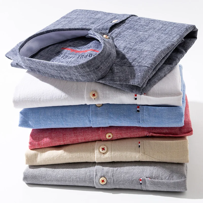 Men's Regular-Fit White Shirt Cotton Line Long Sleeve Loose Business Dress Pure Color Button Shirts Men Blue Tops Camisa Hombre