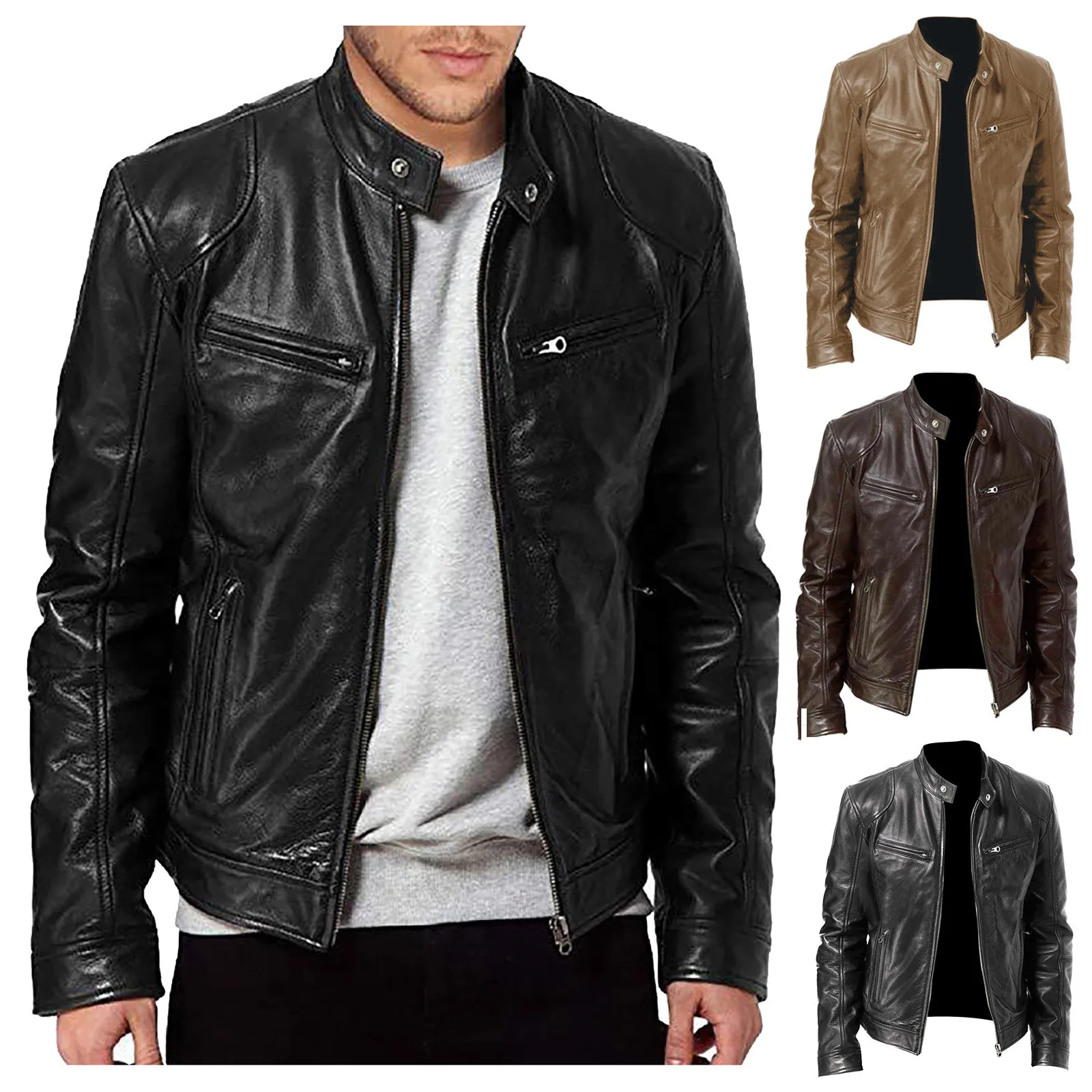 

Pu Leather Jacket Men Turn Down Neck Zipper Casual Winter Warm Top Blouse Thickening Coat Outwear Top Blouse Jacket 2021 New