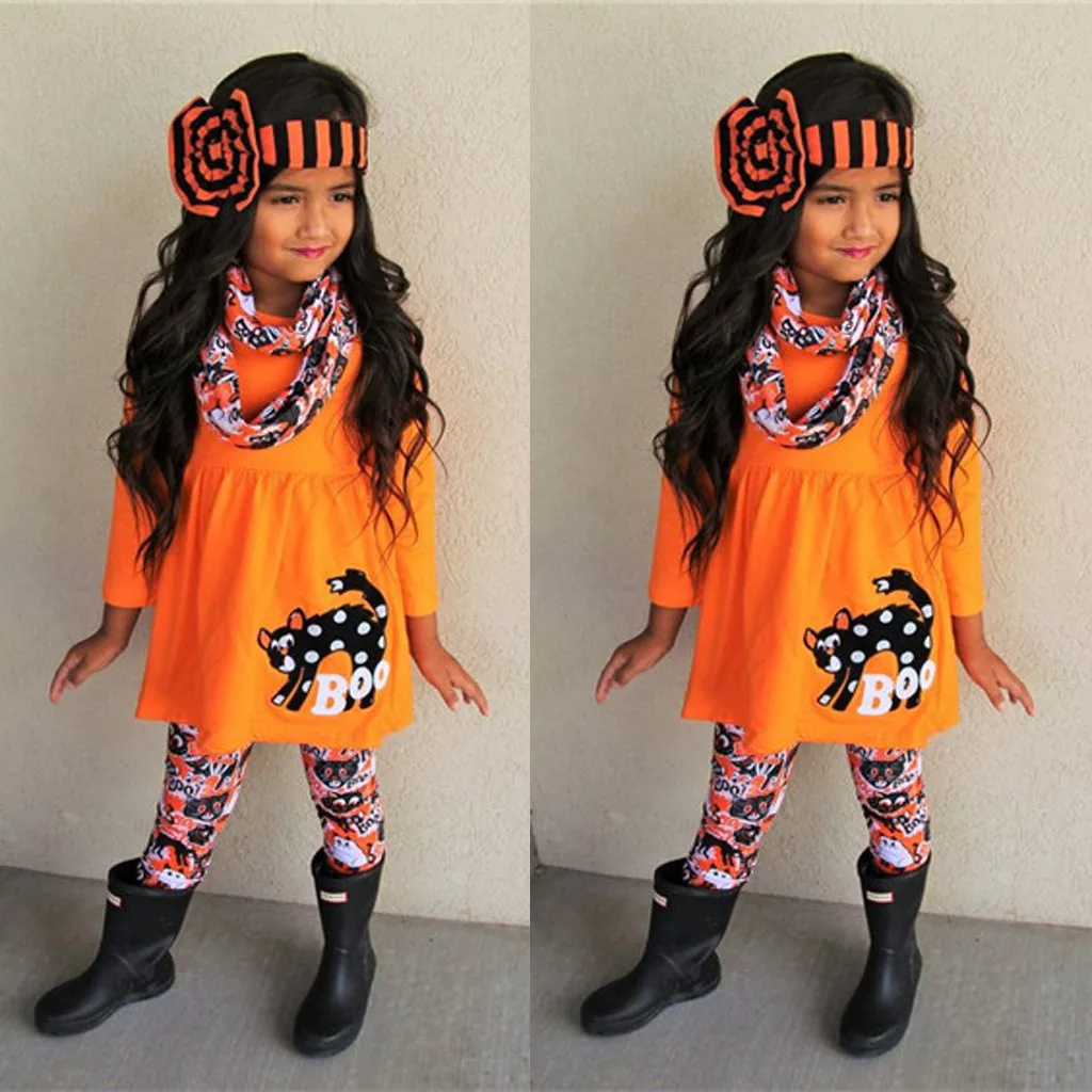 Toddler Girls Clothes Kids Baby Dress Tops + Print Pants Headbands Scarf Halloween Costume Suit Girl 4pcs Outfits Set | Детская одежда