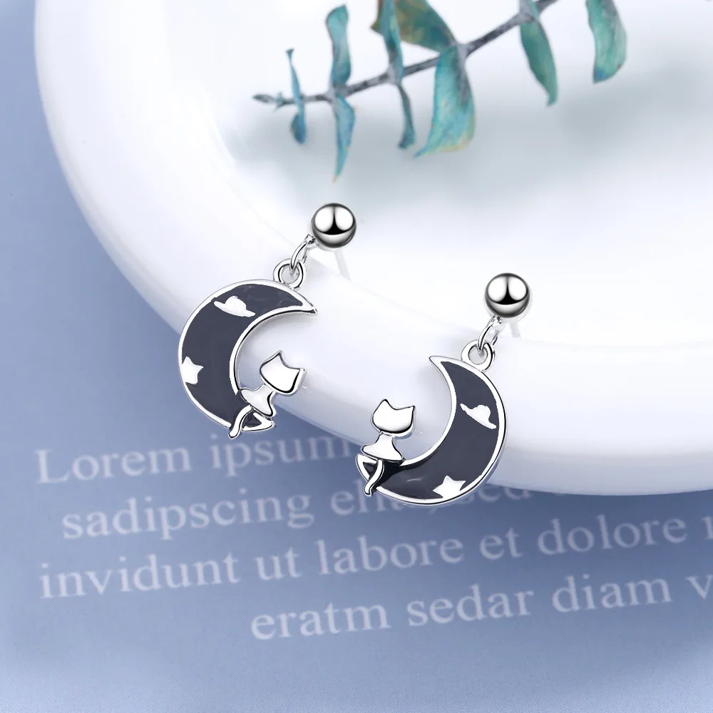 Женские серьги-гвоздики из стерлингового серебра 925 пробы с Луной и котом