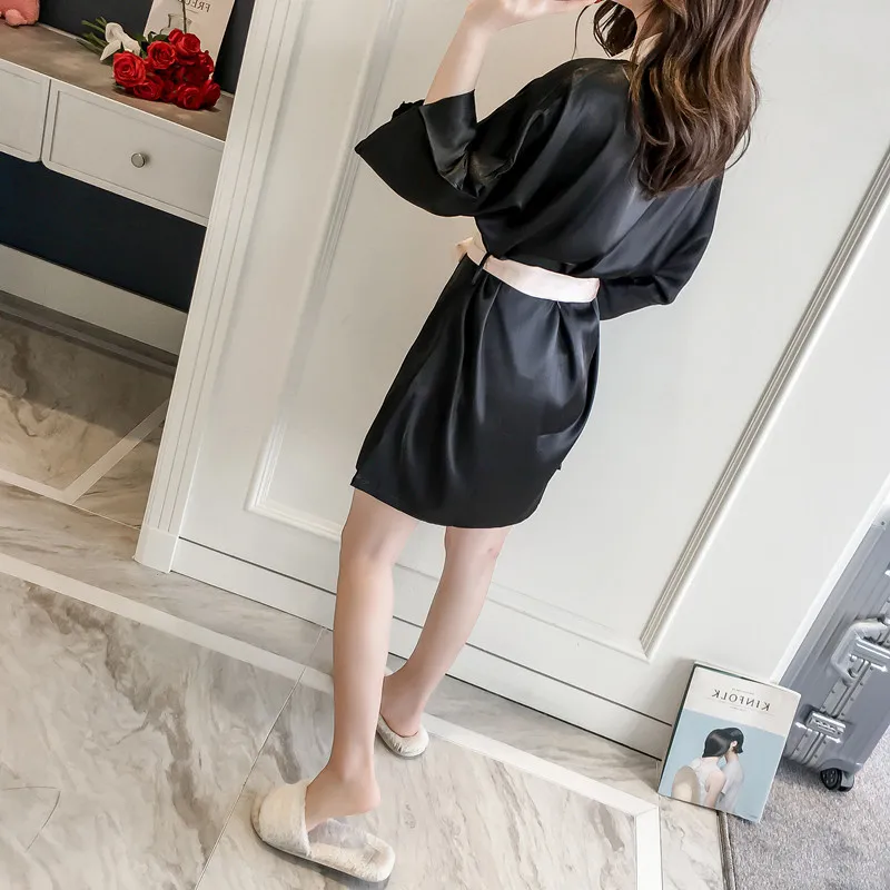 Женский халат платье комплект Женская кружевная атласная ночная рубашка из двух