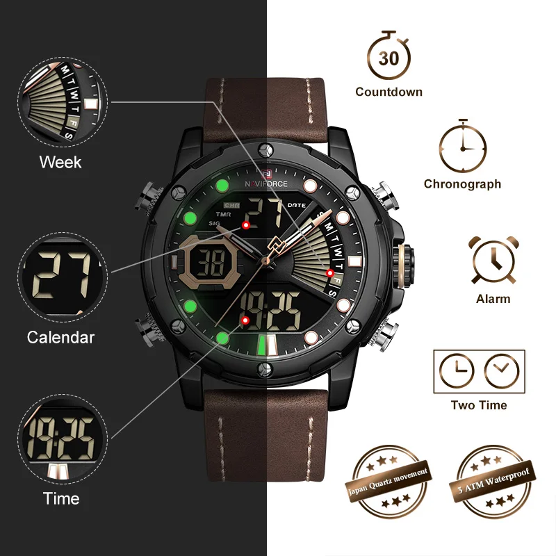 Мужские часы Топ люксовый бренд NAVIFORCE мода двойной дисплей Кварцевые Аналоговые