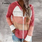 Женский вязаный свитер с V-образным вырезом, повседневный джемпер с длинными рукавами и капюшоном, винтажный полосатый свитер в стиле пэчворк, 3XL, на осень
