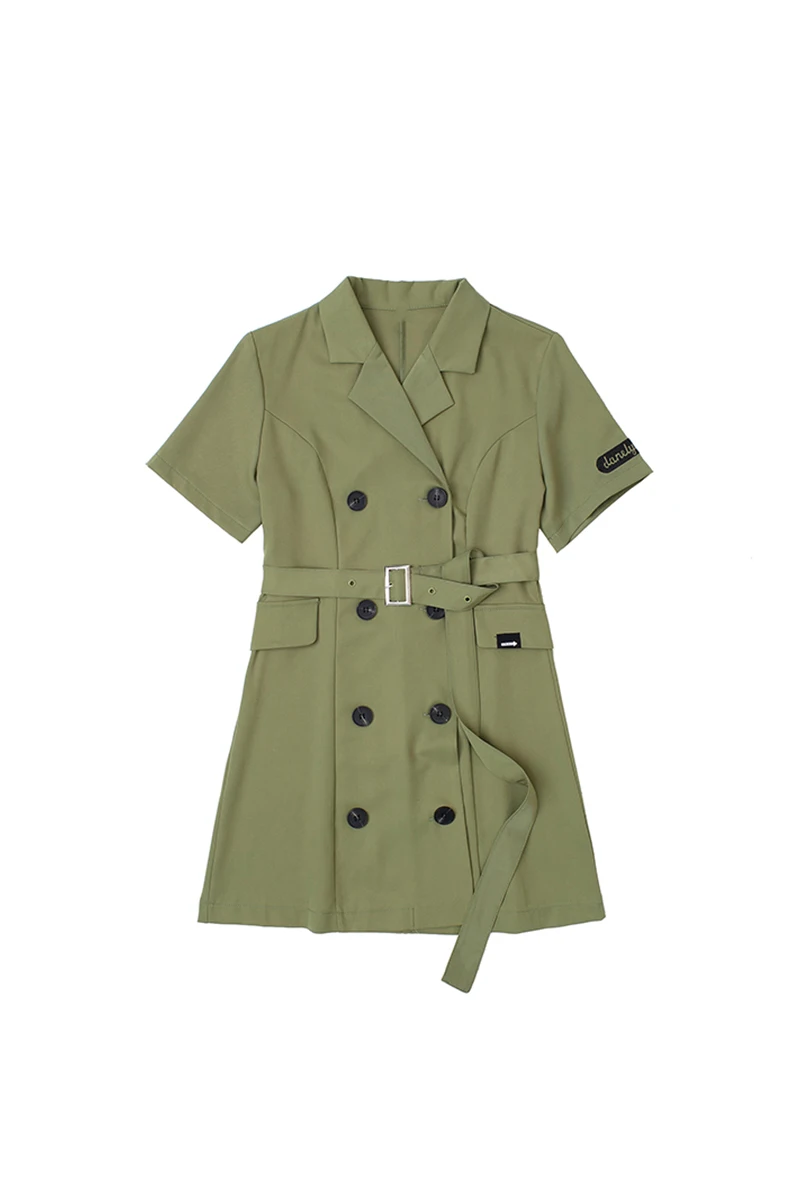 

Xia Jun Green Lapel Double Row Buckle Belt Short Sleeve Dress Looks Thin and Versatile A-line Short Skirt
