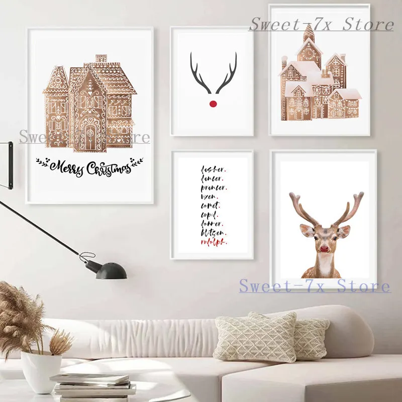 

Christmas Castle Animal Deer Cartoon Canvas Painting Art Nordic Posters and Prints Wall Pictures for Living Room Decor Frameless