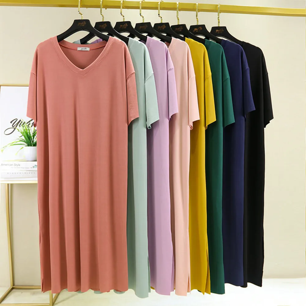 Fdfklak Summer Short Sleeve Ice Silk Ladies Nightdress Comfortable Sleep Wear V-Neck Fashion Loose Long Nightgown Nightie