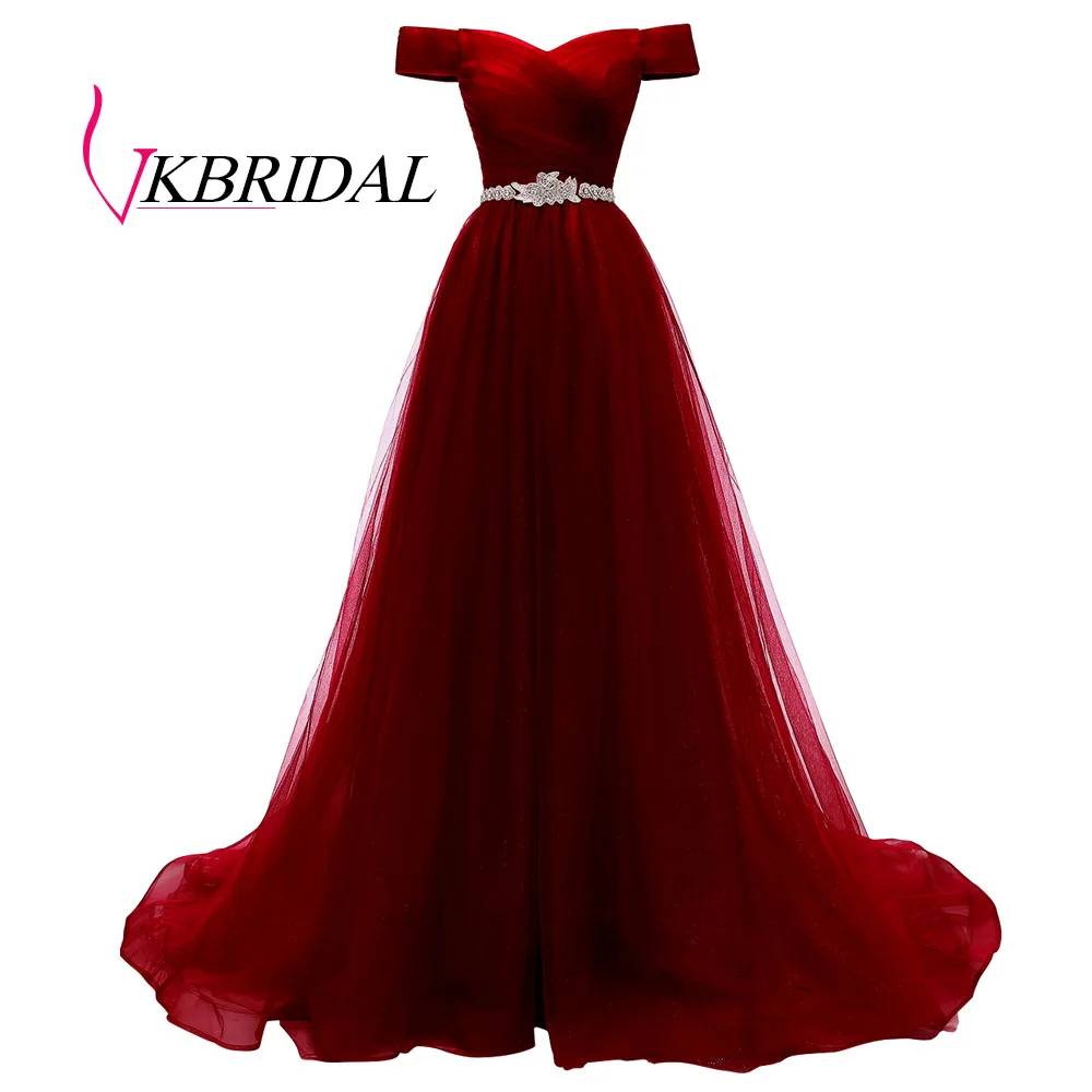 Бургундия VKBRIDAL, Красное длинное вечернее платье с открытыми плечами и поясом, расшитое бисером, винтажные платья для выпускного вечера, vestido de festa, недорогое вечернее платье со шнуровкой на спине - Цвет: Бургундия