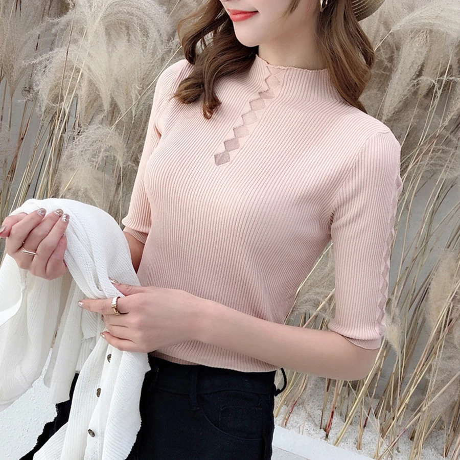 Пуловер женский трикотажный однотонный с коротким рукавом | Женская одежда