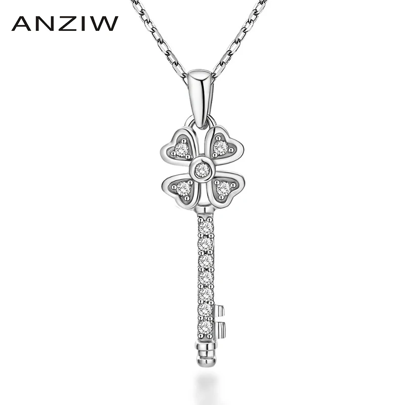 

ANZIW Luxury 925 Sterling Silver Pendant Necklace for Women Exquisite Key Hearts Long Chain Necklace Wedding Silver Jewelry
