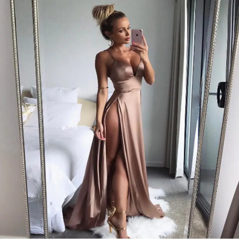 2019 женское модное платье с V-образным вырезом платья разрезом соблазнительное