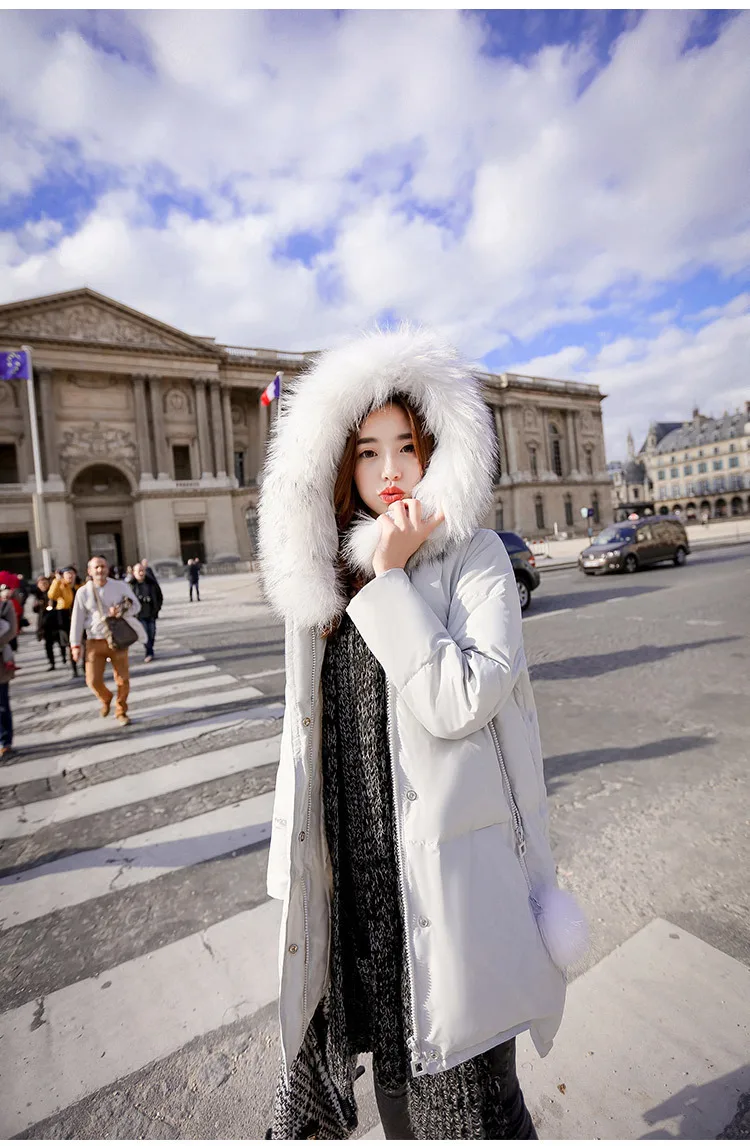 Длинная куртка на утином пуху зимнее пальто женская с большим воротником из меха