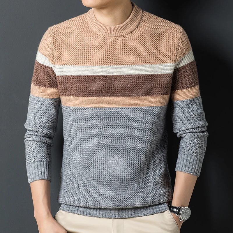 

Осенний мужской кашемировый свитер, жаккардовый утепленный пуловер с круглым вырезом, полосатый свитер, теплый деловой мужской свитер