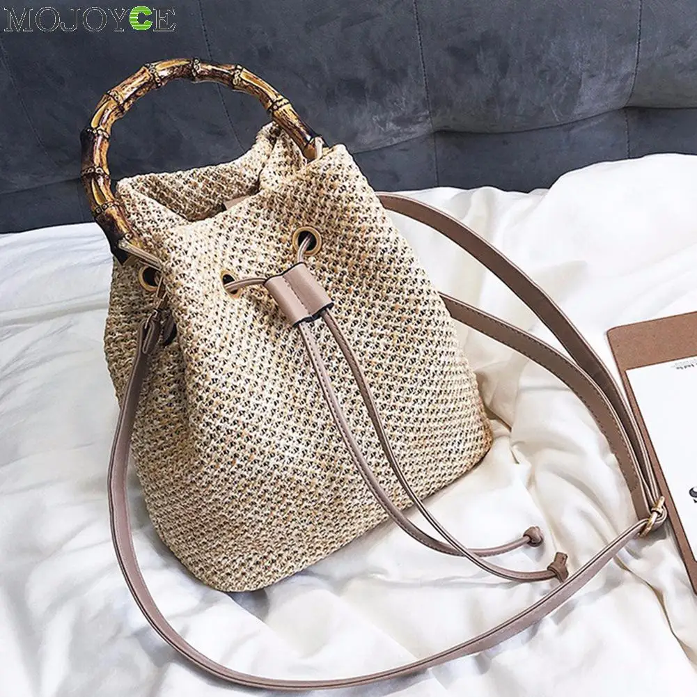 Простая женская сумка-ведро через плечо Соломенная летняя пляжная