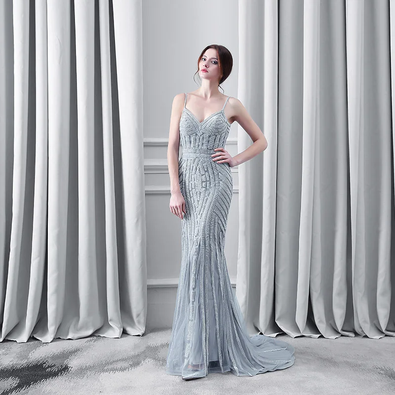 Robe De Soiree Вечерние платья Русалка Тюль Спагетти ремень открытая спина развертки бисером реальное изображение Выпускные платья LSX116