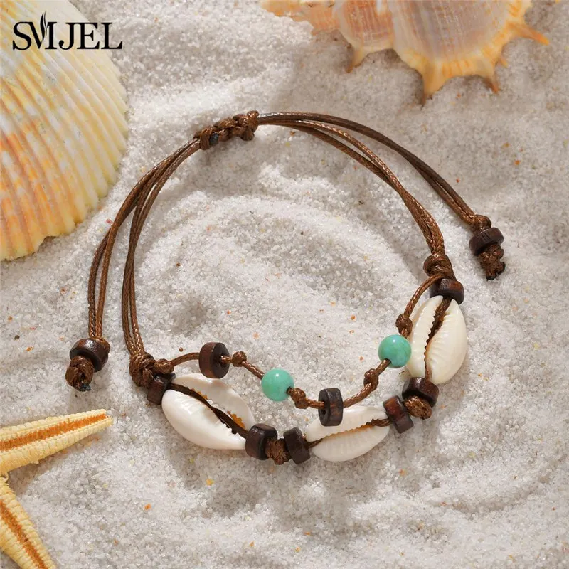 

SMJEL Bohemian Shell Anklets for Wom Handmade Wov Natural Shell Foot Jewelry Summer Beach Barefoot Bracelet ankle on Leg