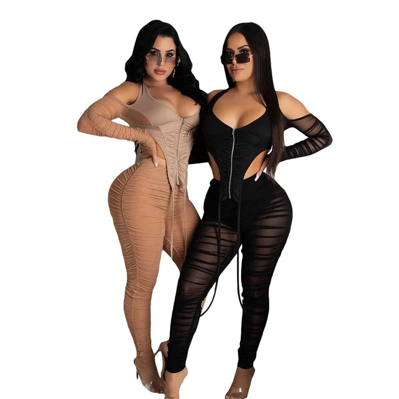 

Cutubly 2 Piece Set Ruched Zipper Mesh Autumn Two Piece Set Long Sleeve Halter Patchwork See Though Women Sexy Night Club Outfit