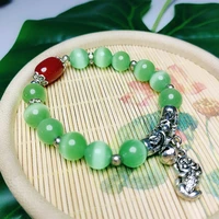 natural bright green cats eye stone bracelet red transfer%c2%a0pearl stone bracelet pixiu lucky animal free ship